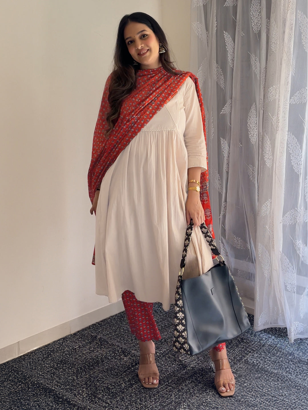 Beige Pure Cotton Floral Printed A-line Kurta Set - qivii