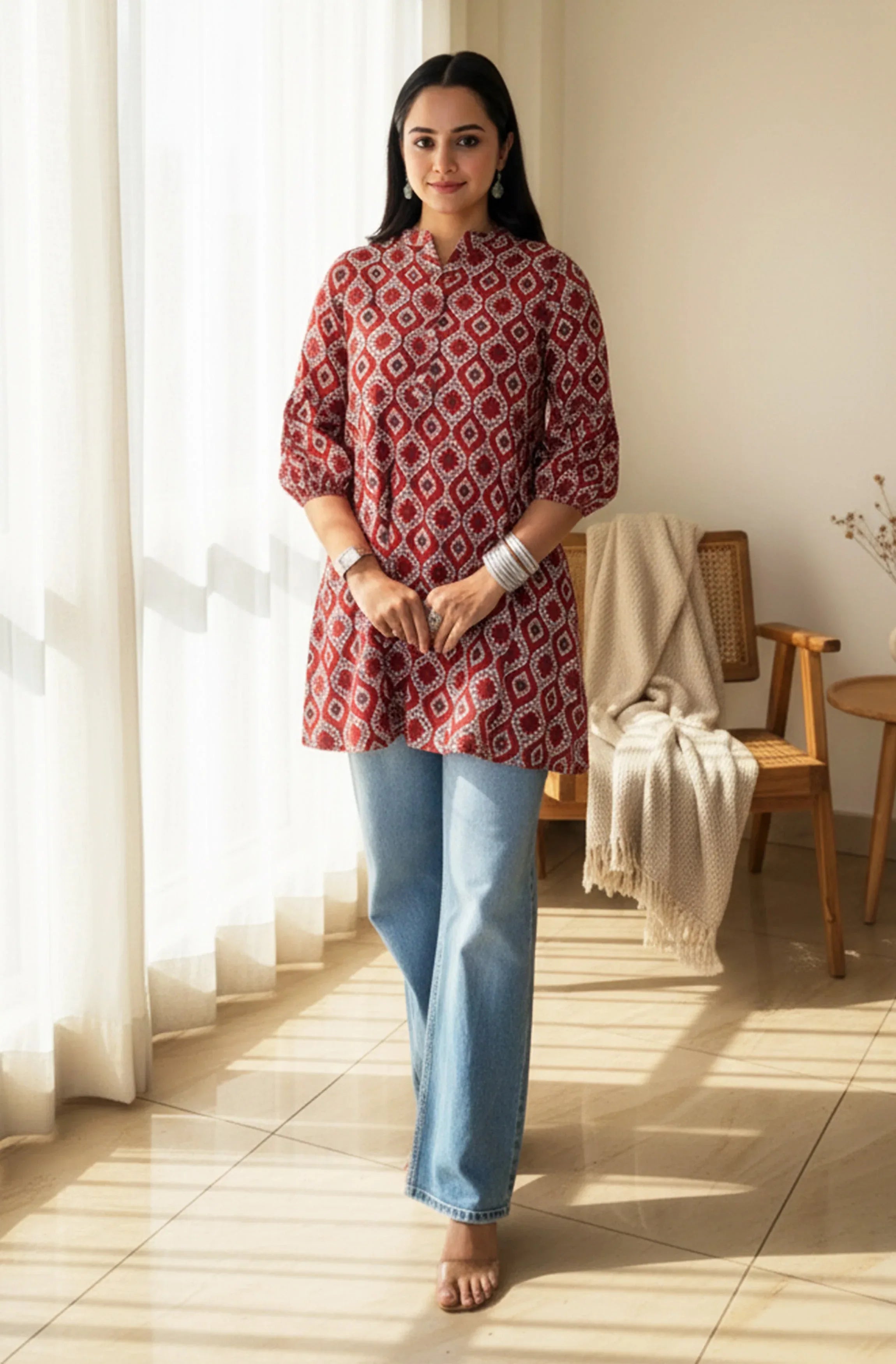 Janasya Women's Red Pure Cotton Ethnic Motifs Printed Straight Tunic