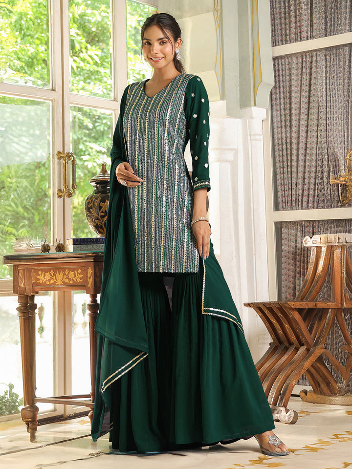 Bottle Green Georgette Sequined Straight Kurta with Sharara & Dupatta Set  - By Janasya