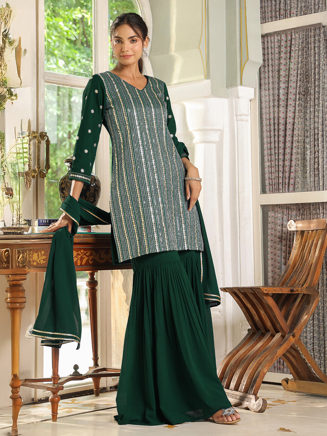 Bottle Green Georgette Sequined Straight Kurta with Sharara & Dupatta Set  - By Janasya