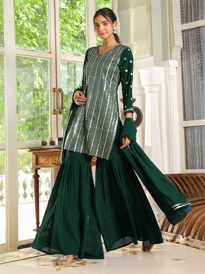 Bottle Green Georgette Sequined Straight Kurta with Sharara & Dupatta Set  - By Janasya