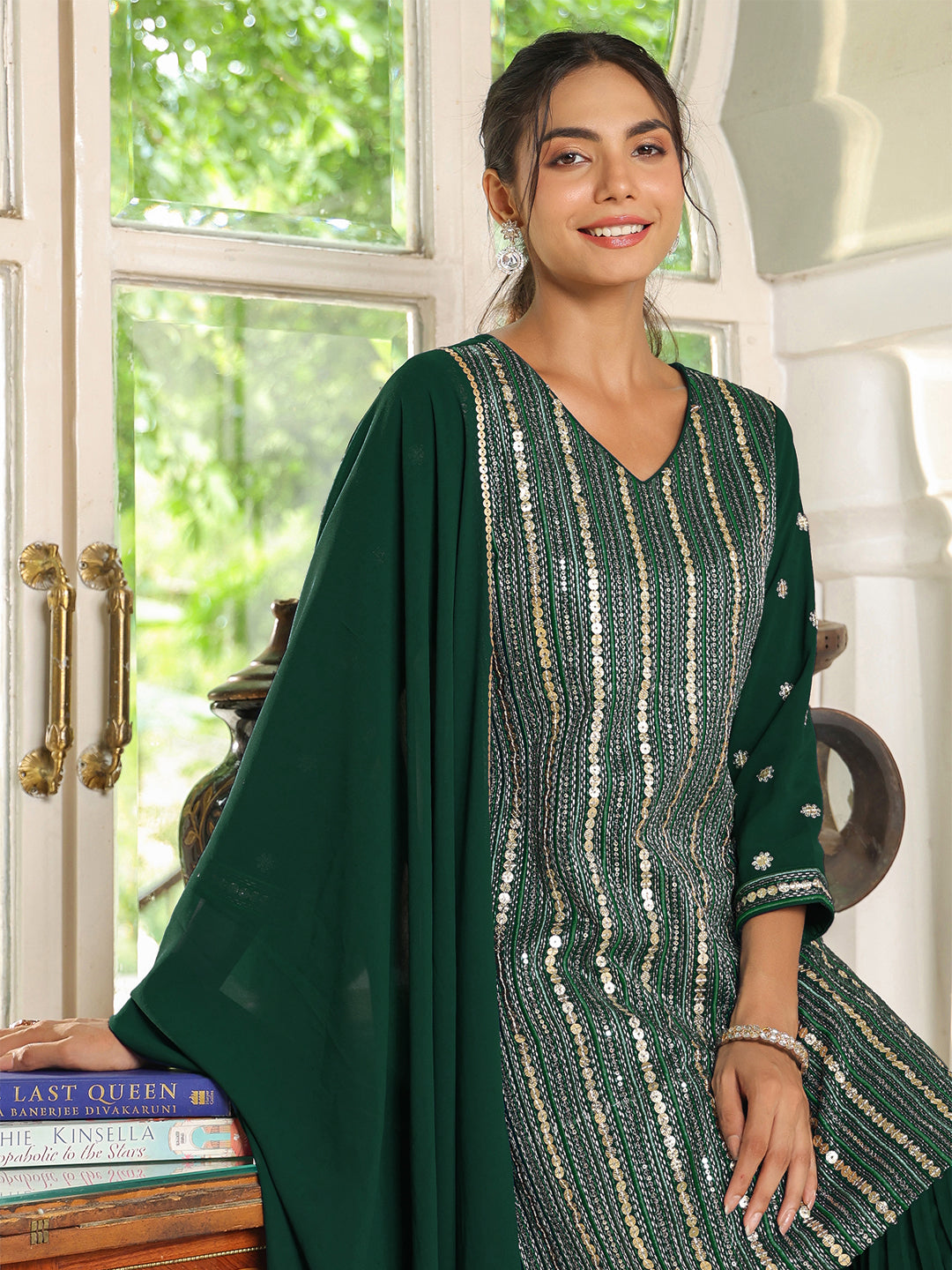 Bottle Green Georgette Sequined Straight Kurta with Sharara & Dupatta Set  - By Janasya