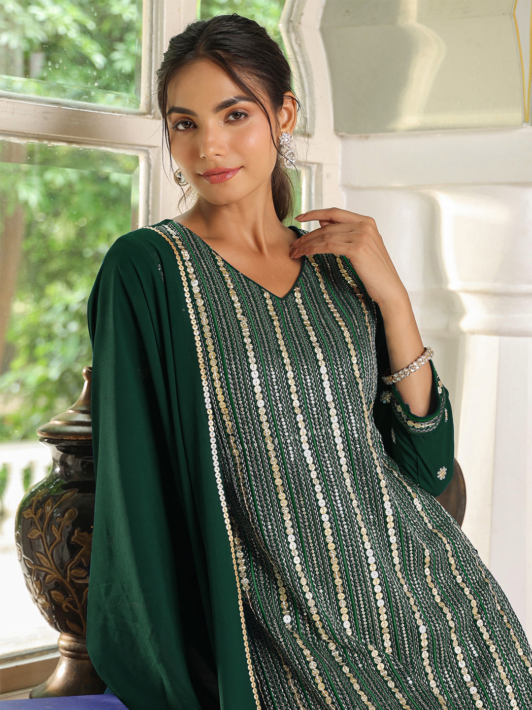 Bottle Green Georgette Sequined Straight Kurta with Sharara & Dupatta Set  - By Janasya