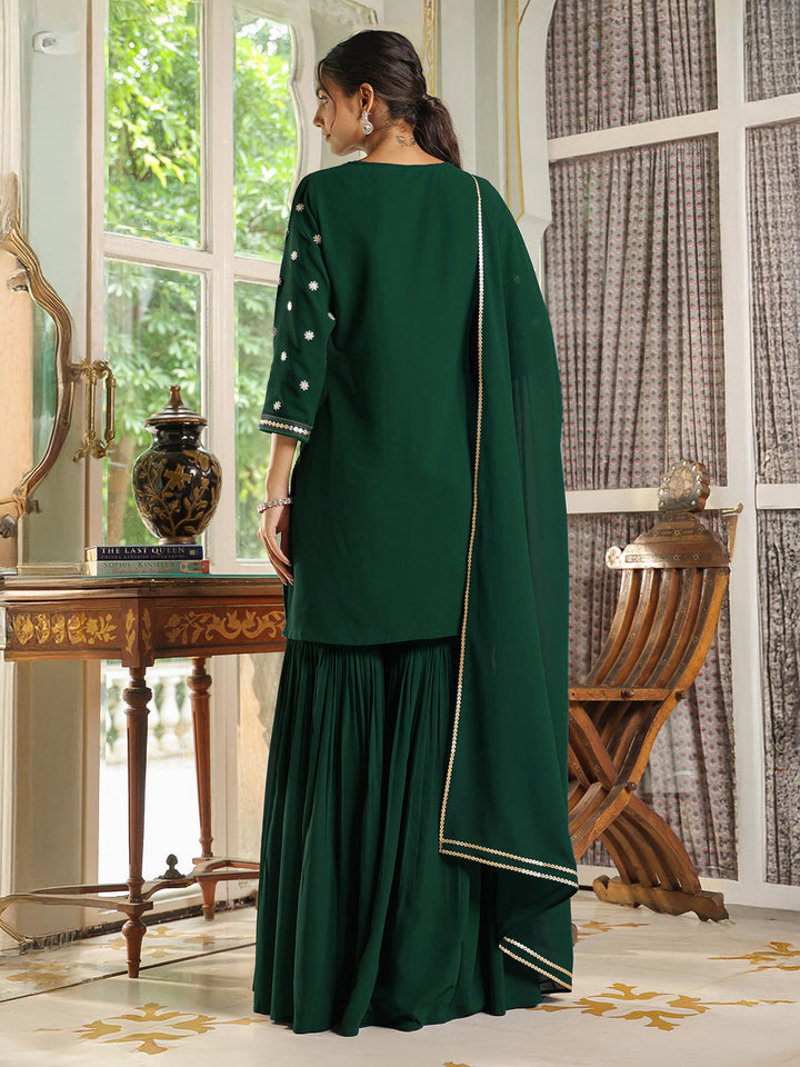 Bottle Green Georgette Sequined Straight Kurta with Sharara & Dupatta Set  - By Janasya