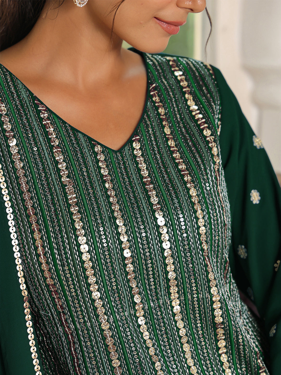 Bottle Green Georgette Sequined Straight Kurta with Sharara & Dupatta Set  - By Janasya