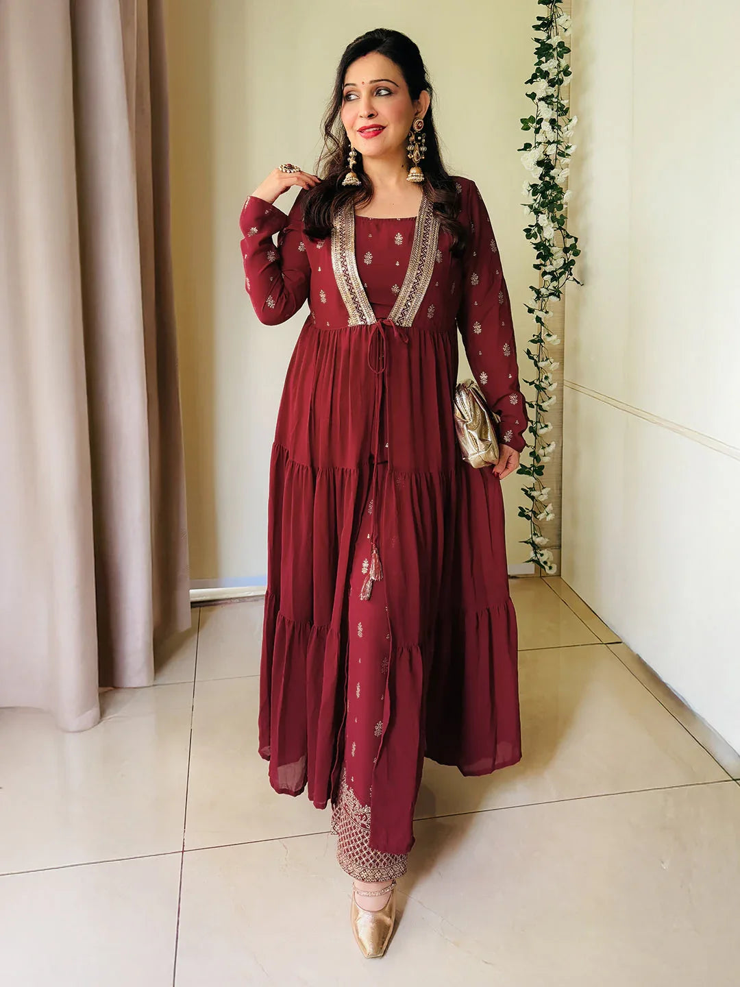 Janasya Women's Maroon Georgette Embellished Foil Printed Front-open Tiered Kurta Pant Set