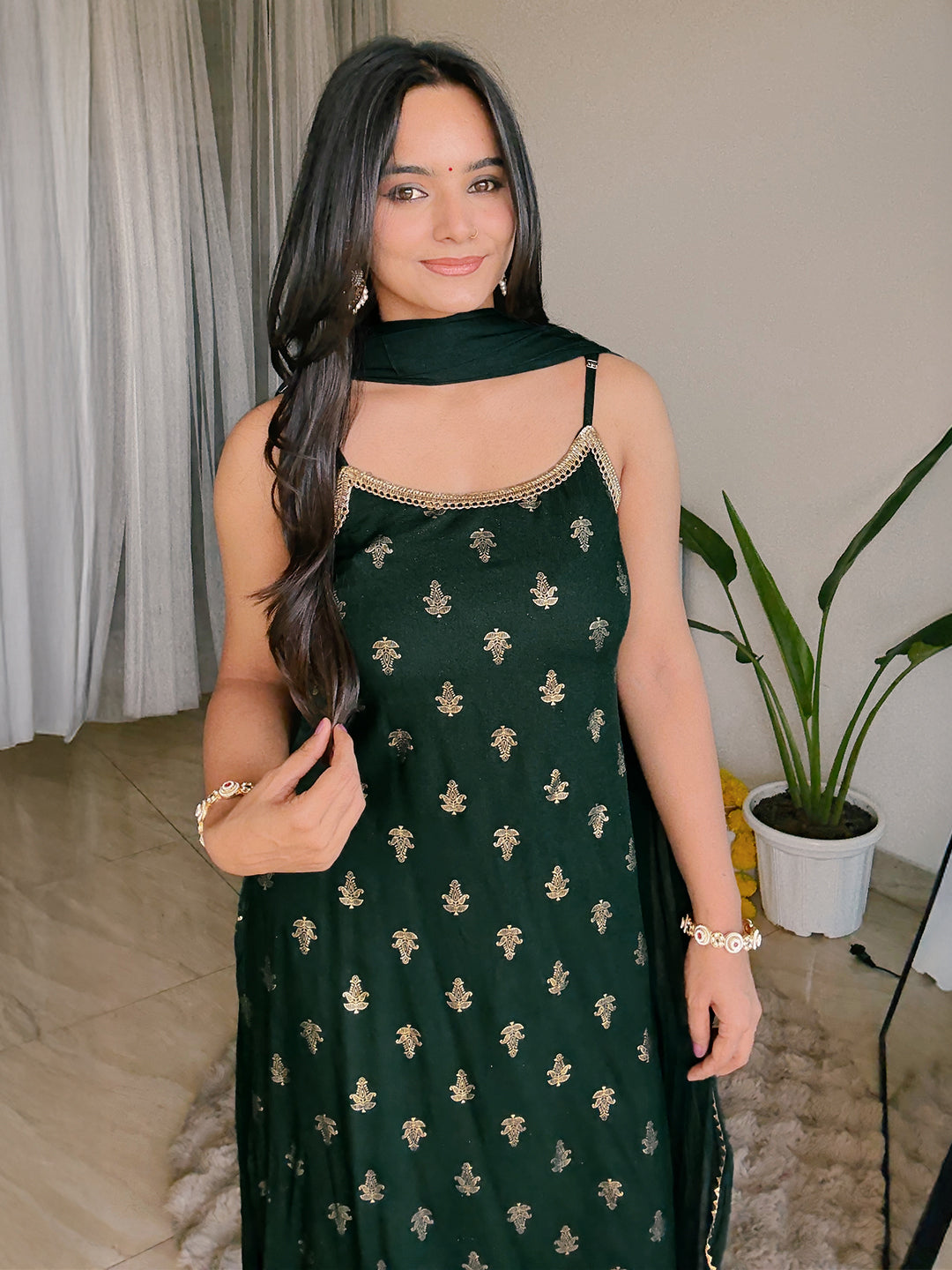 Janasya Women's Dark Green Rayon Embellished Foil Printed Straight Kurta Set - qivii