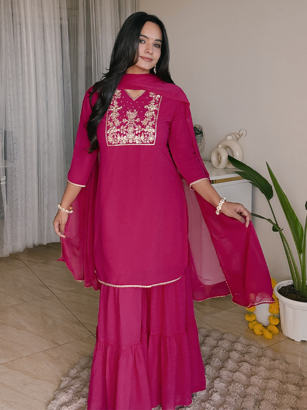 Janasya Women's Pink Georgette Embroidered Straight Kurta With Sharara & Dupatta Set - qivii