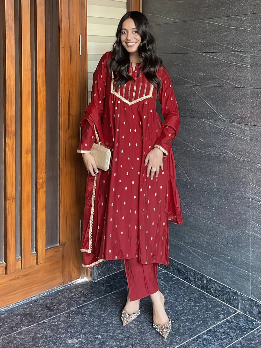 Janasya Women's Maroon Chanderi Silk Embellished Gold Printed Anarkali Kurta Set