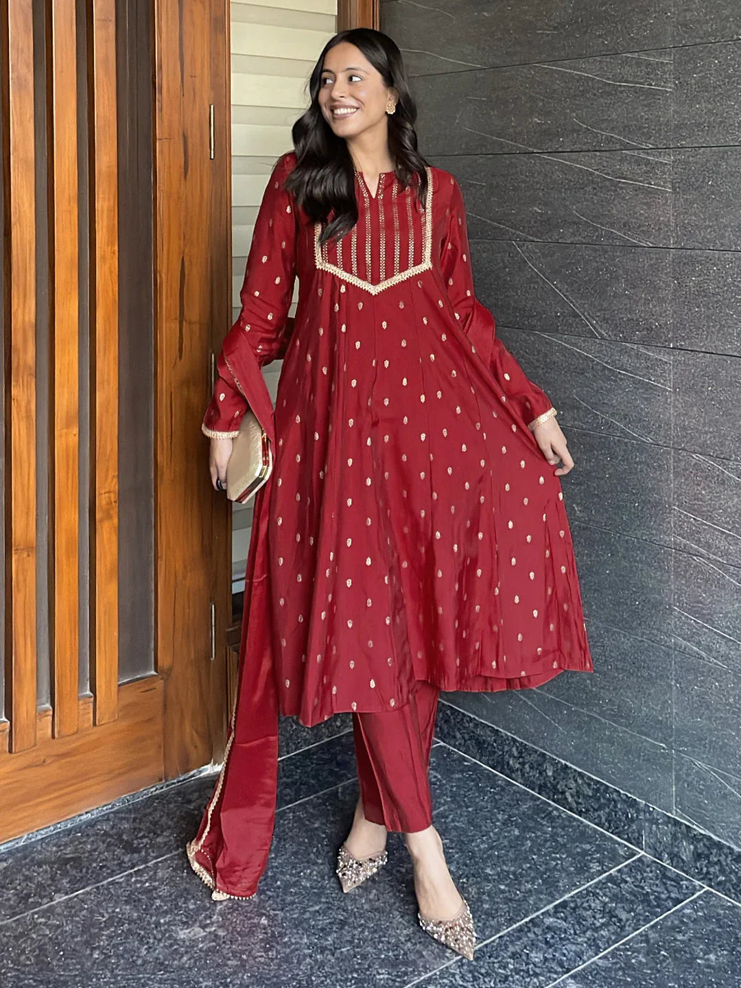 Janasya Women's Maroon Chanderi Silk Embellished Gold Printed Anarkali Kurta Set