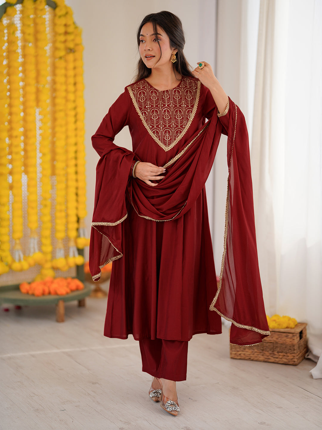 Janasya Women's Maroon Chanderi Silk Embroidered Anarkali Kurta Set - qivii
