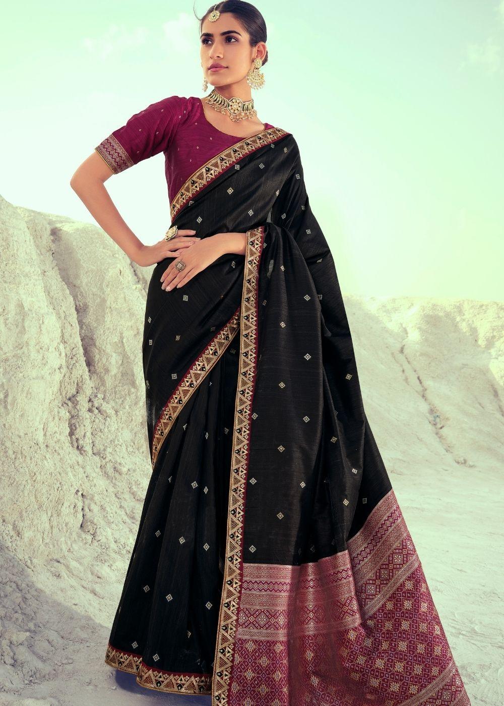 Jade Black Woven Banarasi Silk Saree with Embroidered Border & Swarovski work | Stitched Blouse - qivii