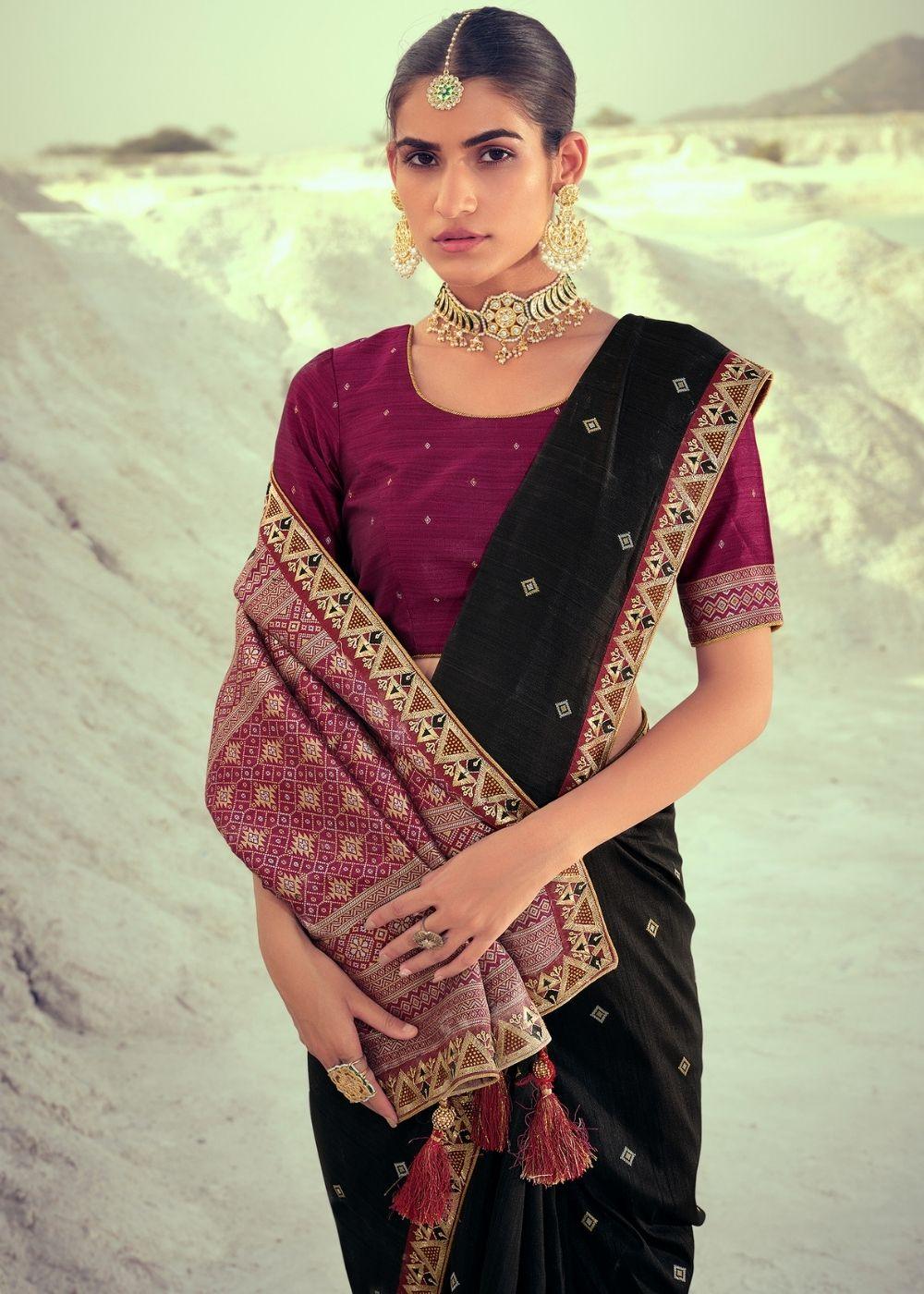 Jade Black Woven Banarasi Silk Saree with Embroidered Border & Swarovski work | Stitched Blouse - qivii