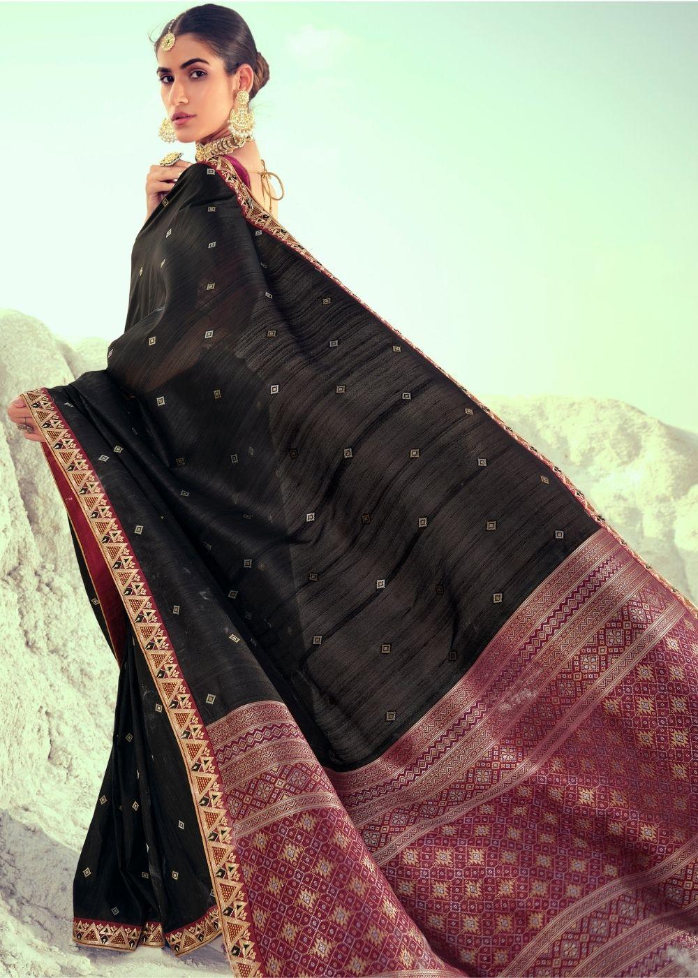 Jade Black Woven Banarasi Silk Saree with Embroidered Border & Swarovski work | Stitched Blouse - qivii