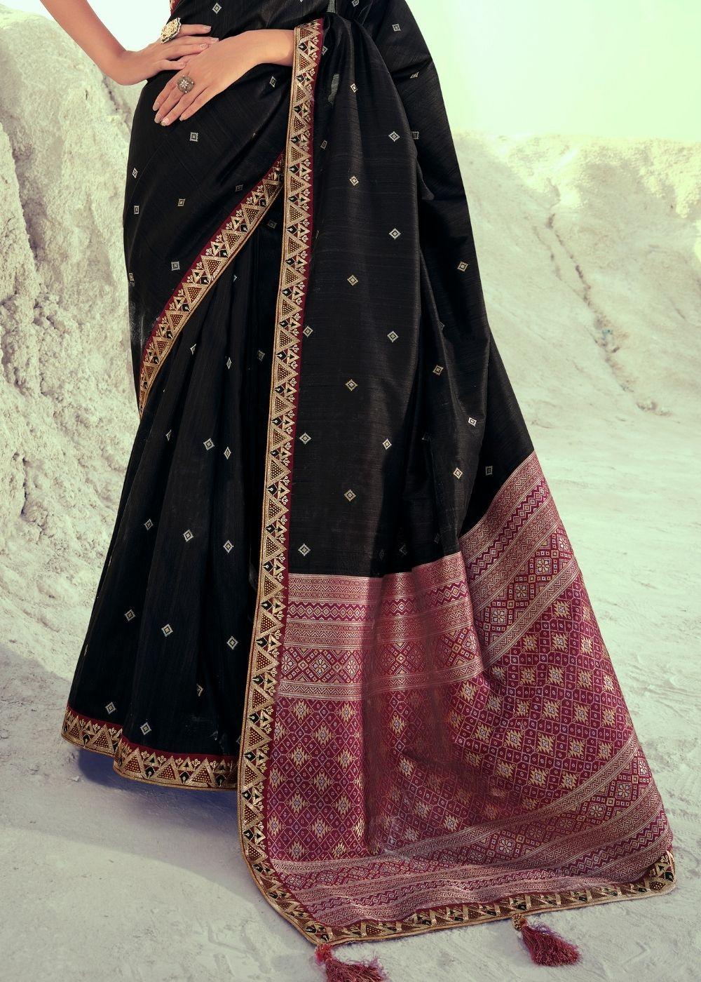 Jade Black Woven Banarasi Silk Saree with Embroidered Border & Swarovski work | Stitched Blouse - qivii