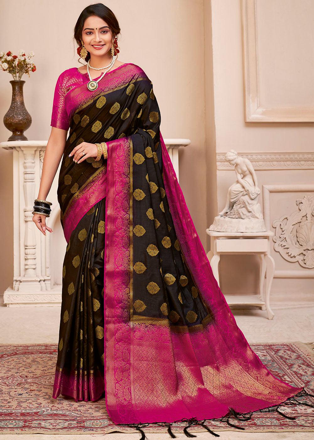 Jade Black Woven Banarasi Silk Saree with Overall Butti work | Stitched Blouse - qivii