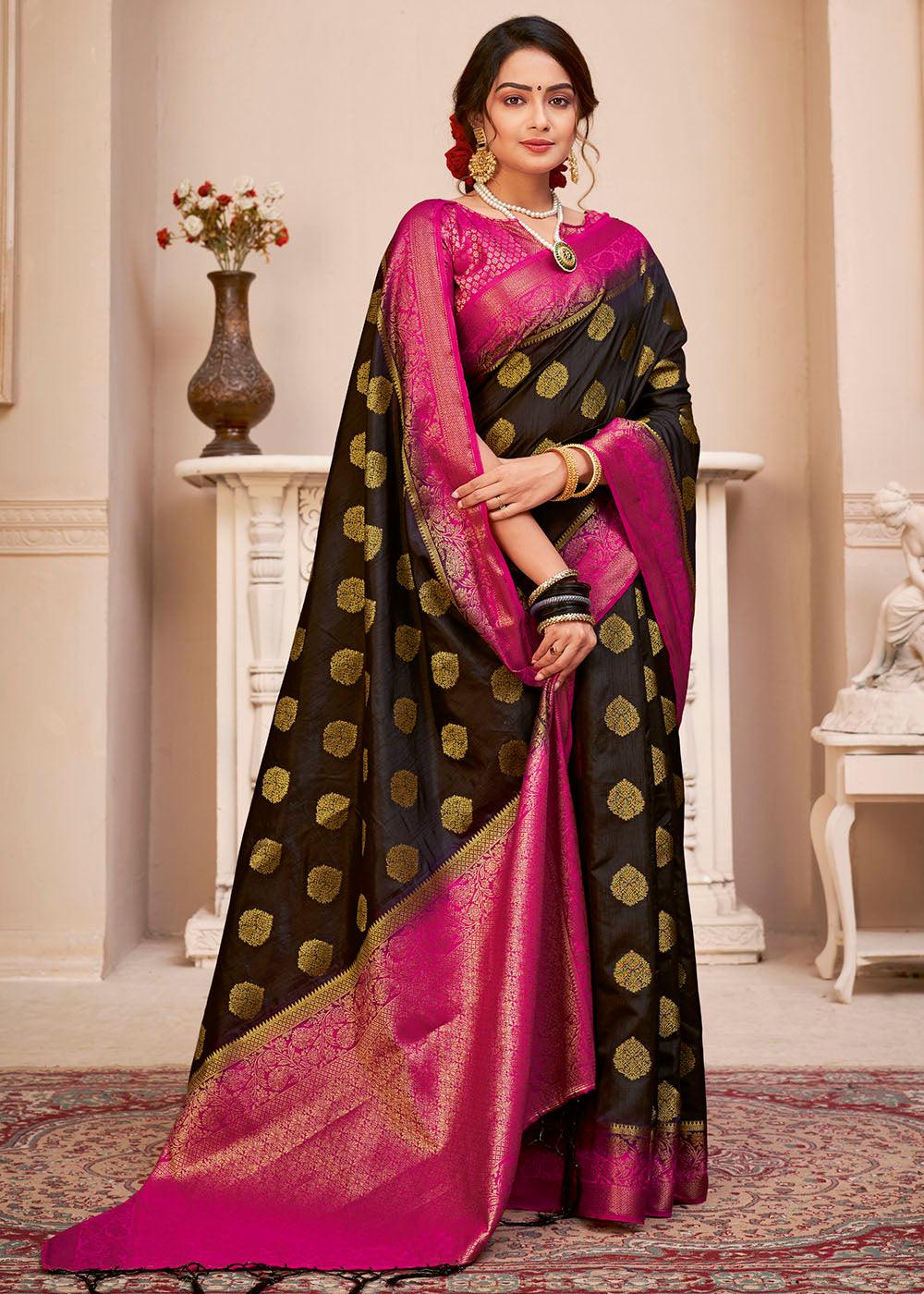 Jade Black Woven Banarasi Silk Saree with Overall Butti work | Stitched Blouse - qivii