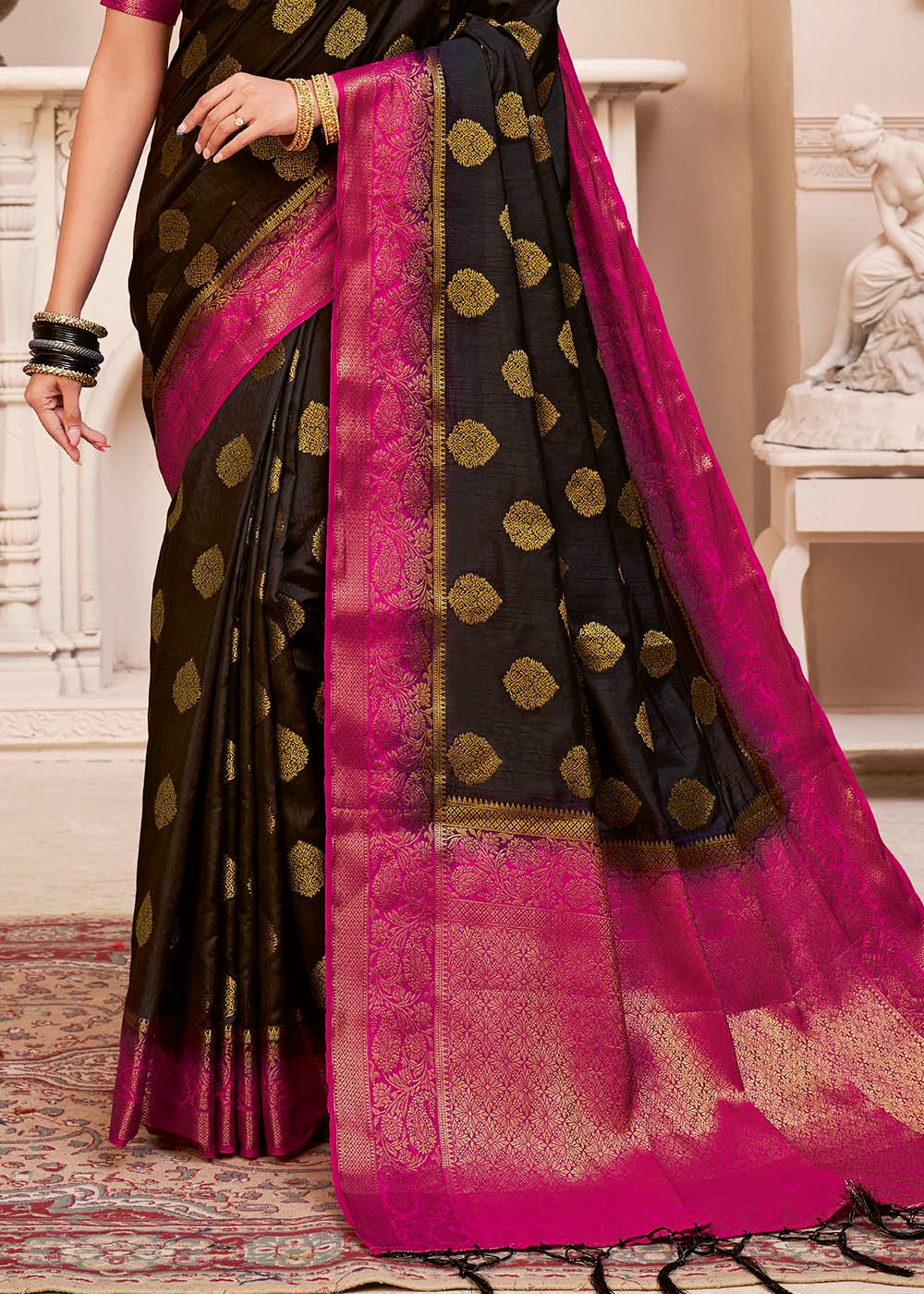 Jade Black Woven Banarasi Silk Saree with Overall Butti work | Stitched Blouse - qivii