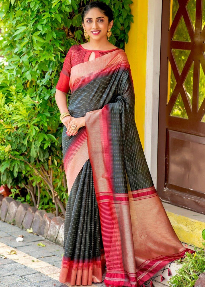 Jade Black Zari Weaving Silk Saree with Tassels on Pallu | Stitched Blouse - qivii