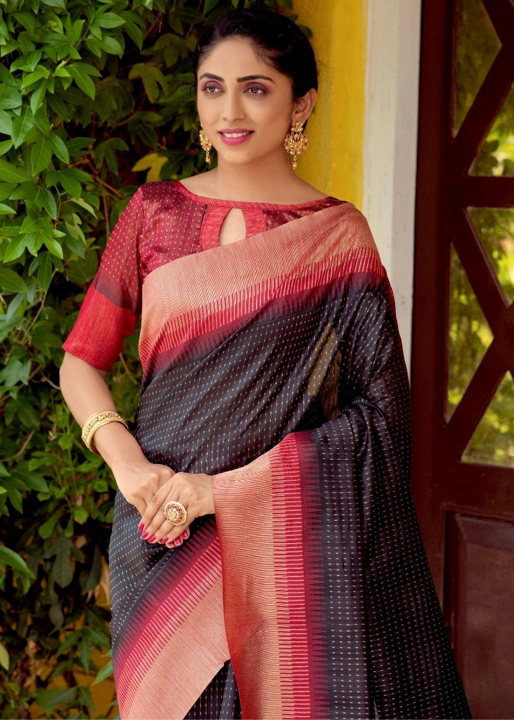 Jade Black Zari Weaving Silk Saree with Tassels on Pallu | Stitched Blouse - qivii