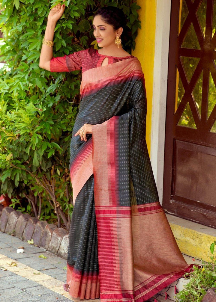 Jade Black Zari Weaving Silk Saree with Tassels on Pallu | Stitched Blouse - qivii