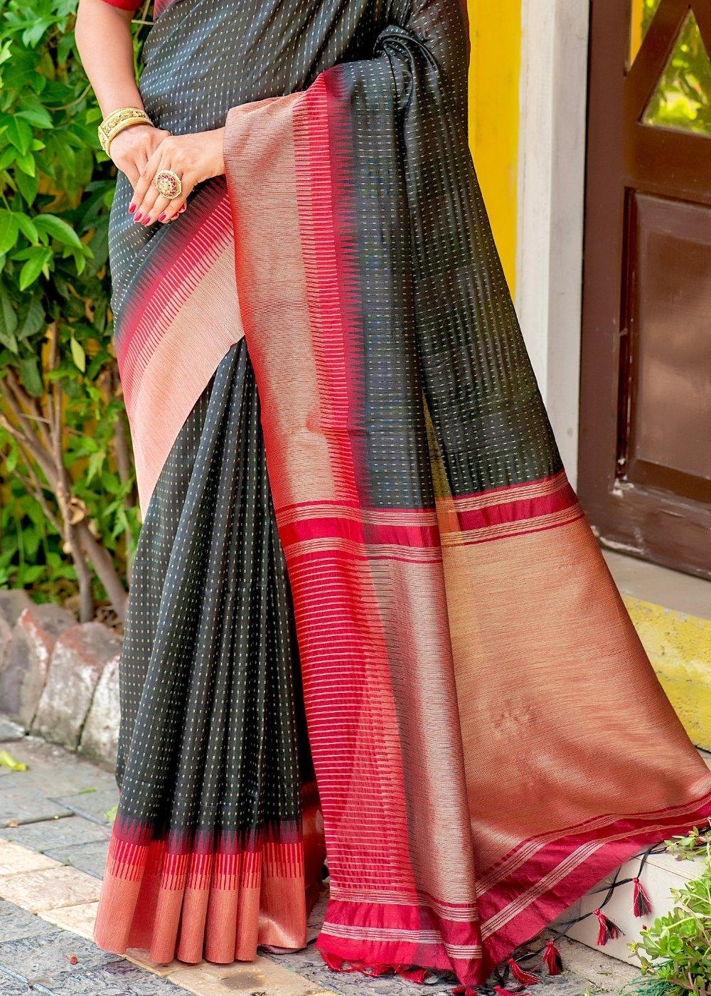 Jade Black Zari Weaving Silk Saree with Tassels on Pallu | Stitched Blouse - qivii