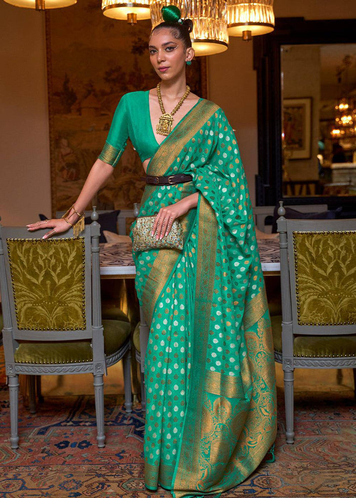 Jade Green Copper Zari Woven Banarasi Khaddi Silk Saree | Stitched Blouse - qivii