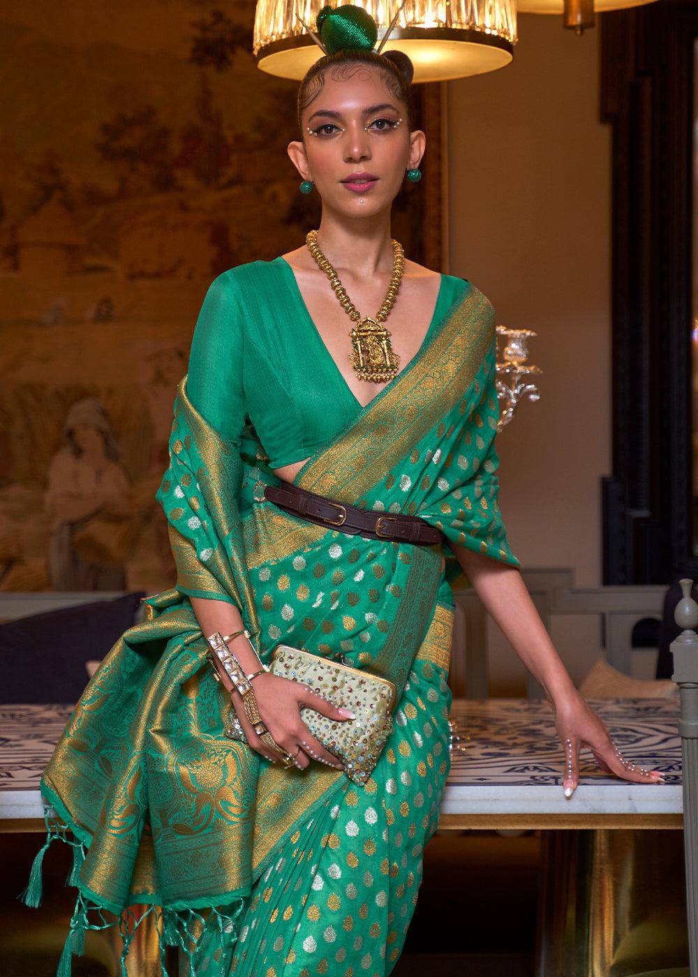 Jade Green Copper Zari Woven Banarasi Khaddi Silk Saree | Stitched Blouse - qivii