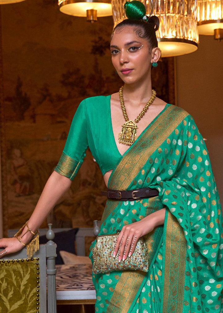 Jade Green Copper Zari Woven Banarasi Khaddi Silk Saree | Stitched Blouse - qivii