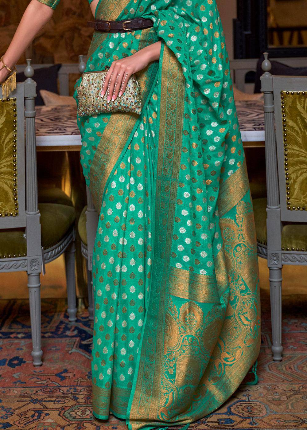 Jade Green Copper Zari Woven Banarasi Khaddi Silk Saree | Stitched Blouse - qivii