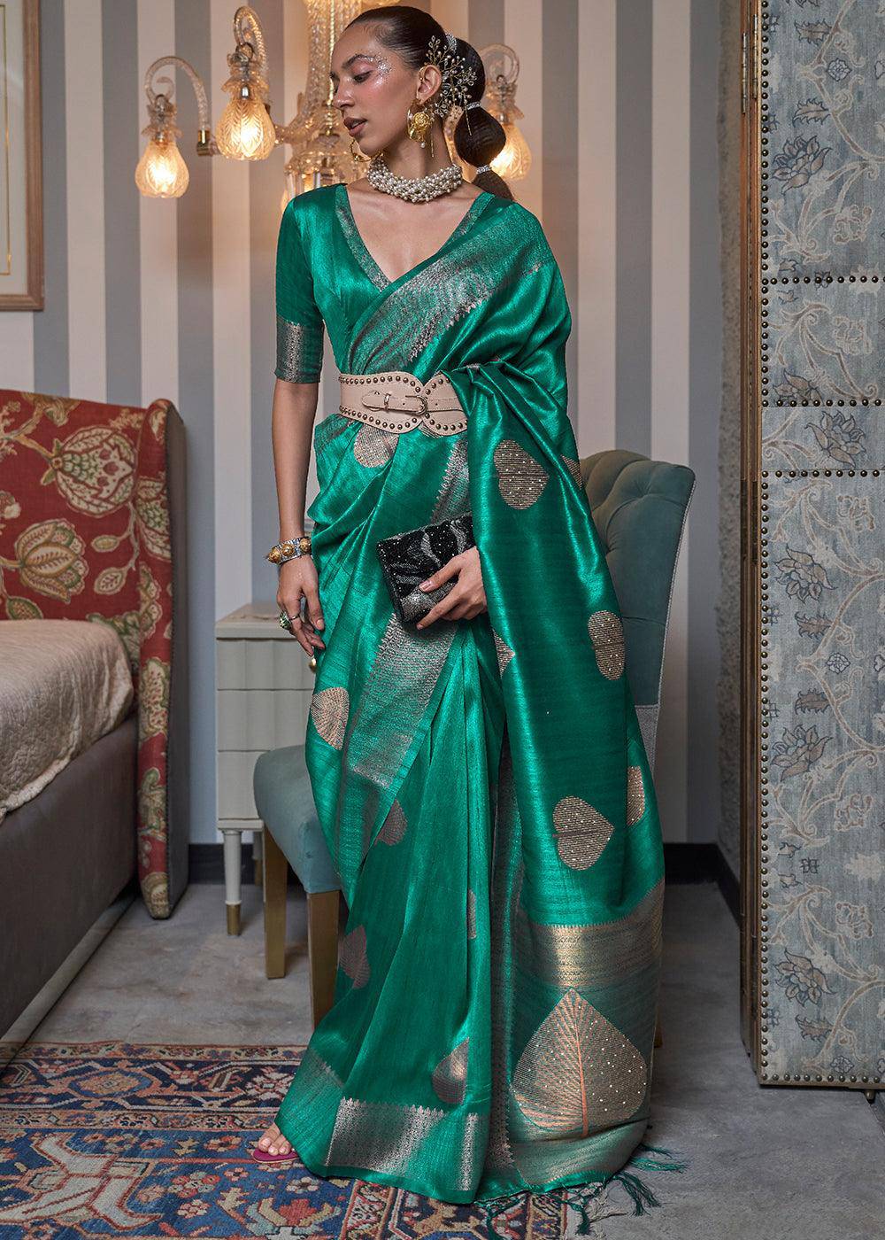 Jade Green Copper Zari Woven Silk Saree with Sequence work | Stitched Blouse - qivii