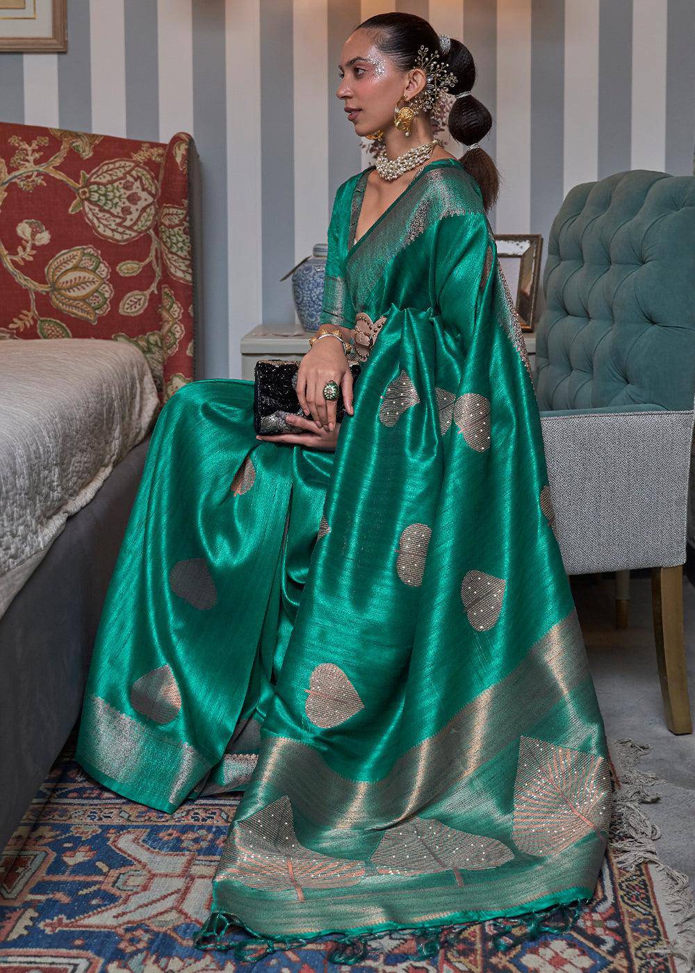 Jade Green Copper Zari Woven Silk Saree with Sequence work | Stitched Blouse - qivii