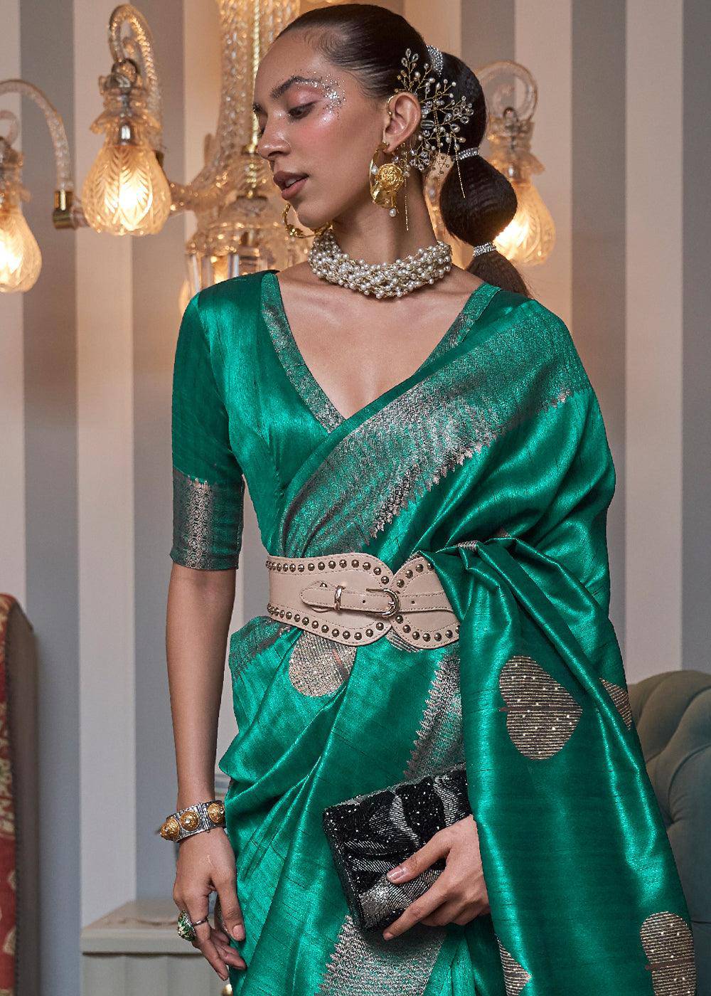 Jade Green Copper Zari Woven Silk Saree with Sequence work | Stitched Blouse - qivii