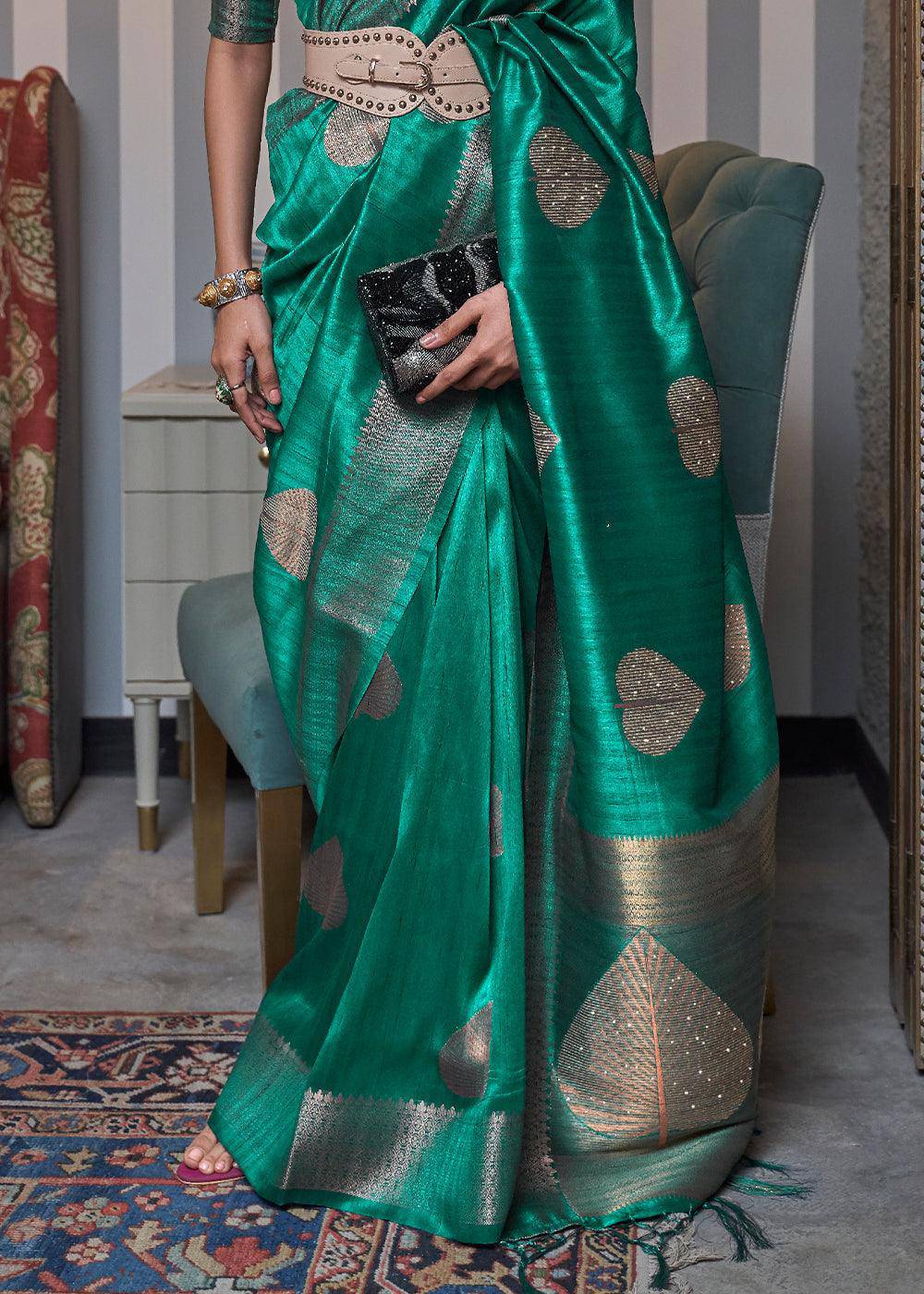 Jade Green Copper Zari Woven Silk Saree with Sequence work | Stitched Blouse - qivii