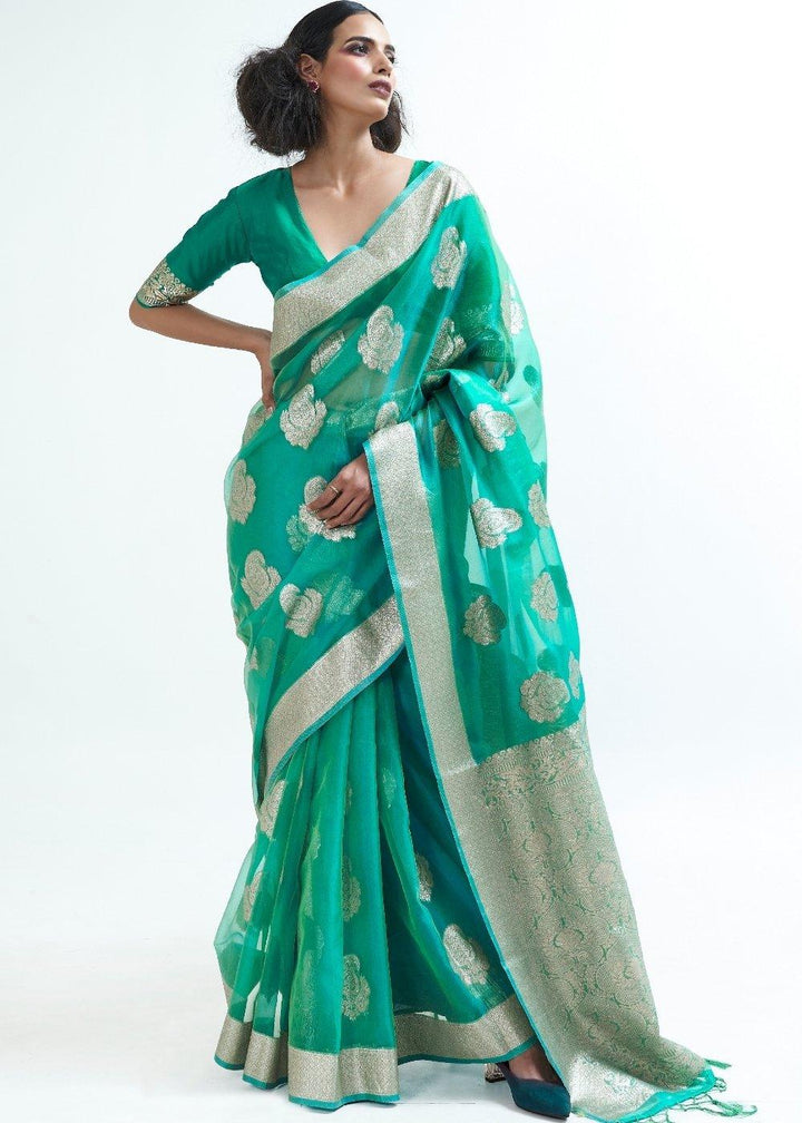 Jade Green Designer Woven Organza Silk Saree | Stitched Blouse - qivii