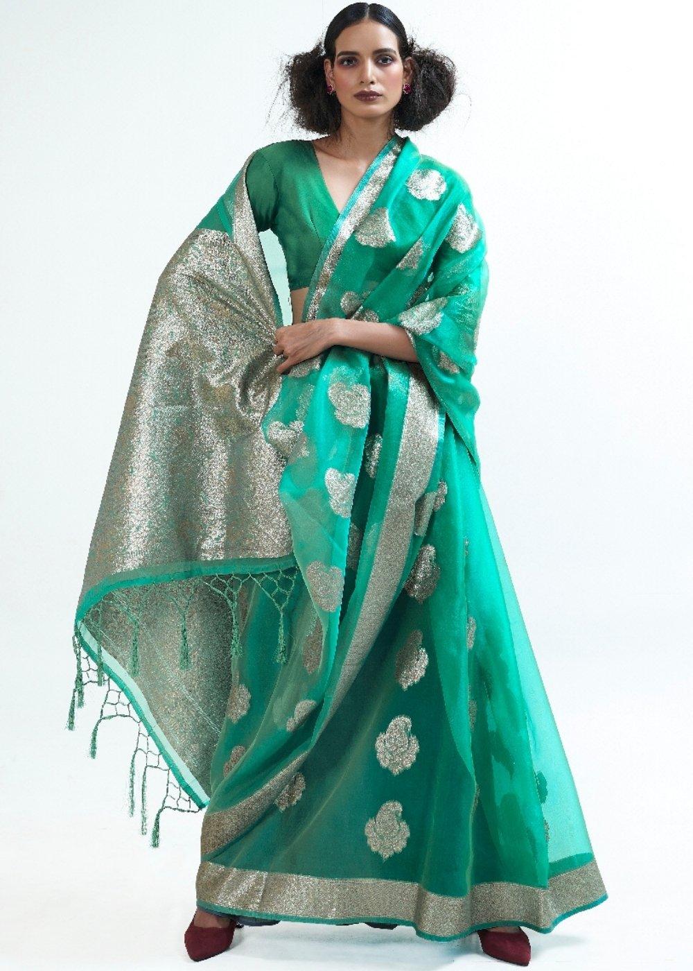 Jade Green Designer Woven Organza Silk Saree | Stitched Blouse - qivii