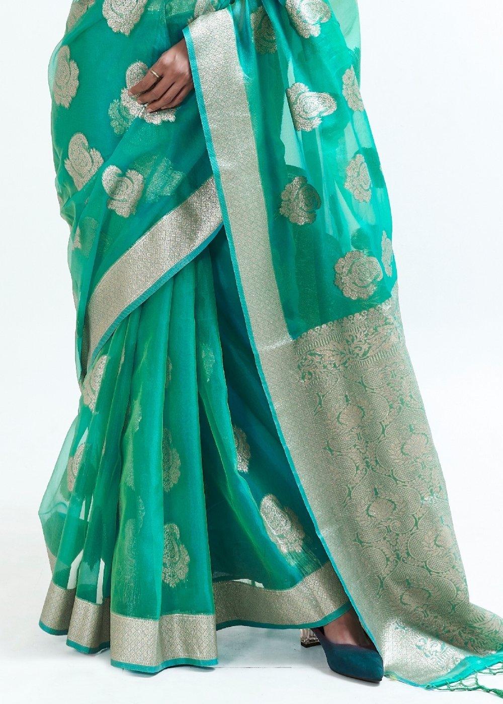 Jade Green Designer Woven Organza Silk Saree | Stitched Blouse - qivii