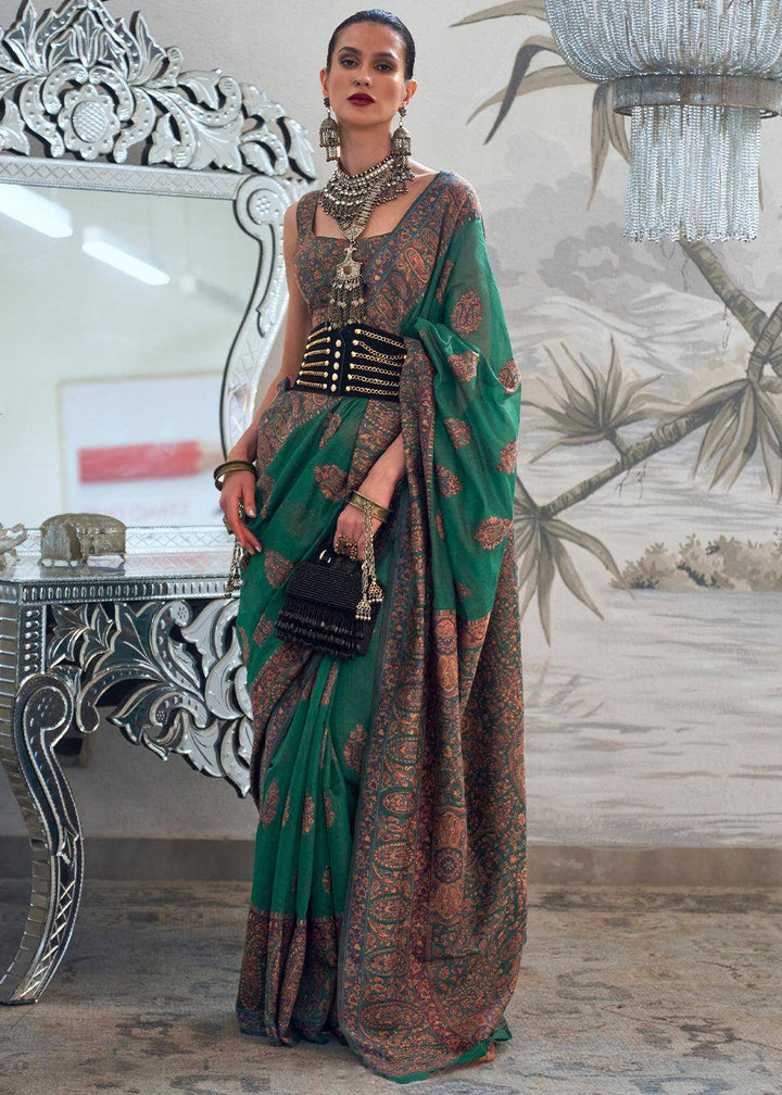 Jade Green Kashmiri Handloom Weaving Silk Saree | Stitched Blouse - qivii