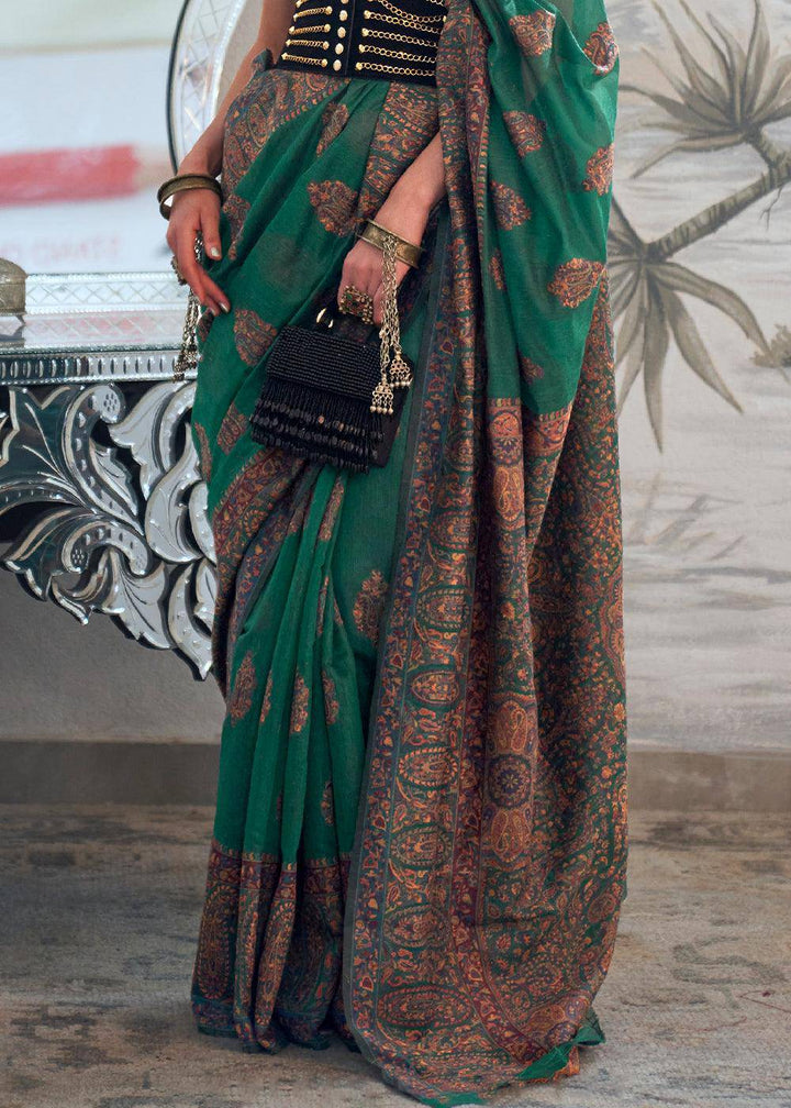 Jade Green Kashmiri Handloom Weaving Silk Saree | Stitched Blouse - qivii