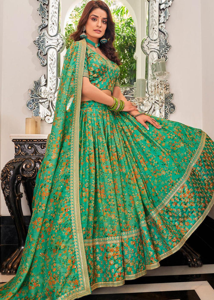 Jade Green Organza Lehenga with Thread, Zari,Dori & Sequins work - qivii