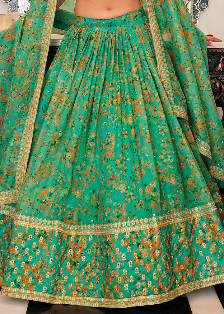 Jade Green Organza Lehenga with Thread, Zari,Dori & Sequins work - qivii