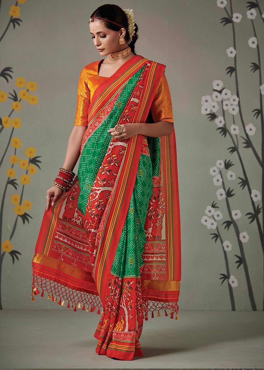 Jade Green Patola Printed Tussar Silk Saree | Stitched Blouse - qivii