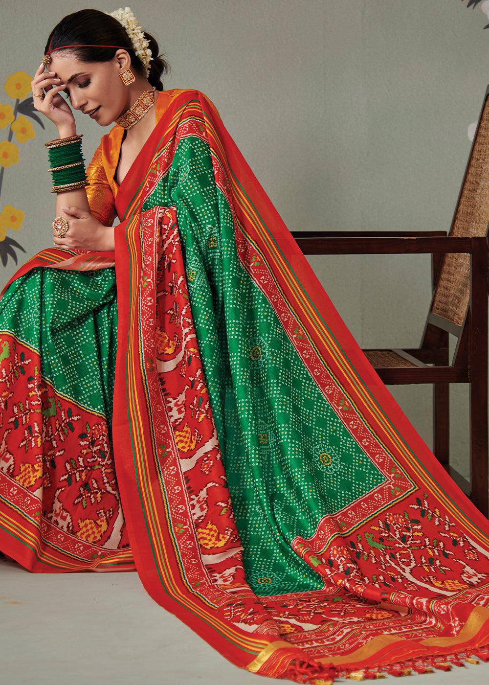 Jade Green Patola Printed Tussar Silk Saree | Stitched Blouse - qivii