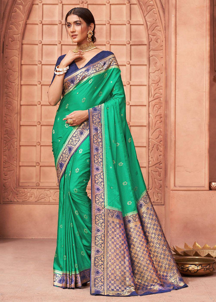 Jade Green Satin Silk Saree with Overall Butti work | Stitched Blouse - qivii