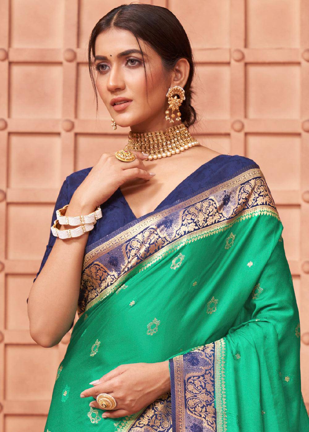 Jade Green Satin Silk Saree with Overall Butti work | Stitched Blouse - qivii