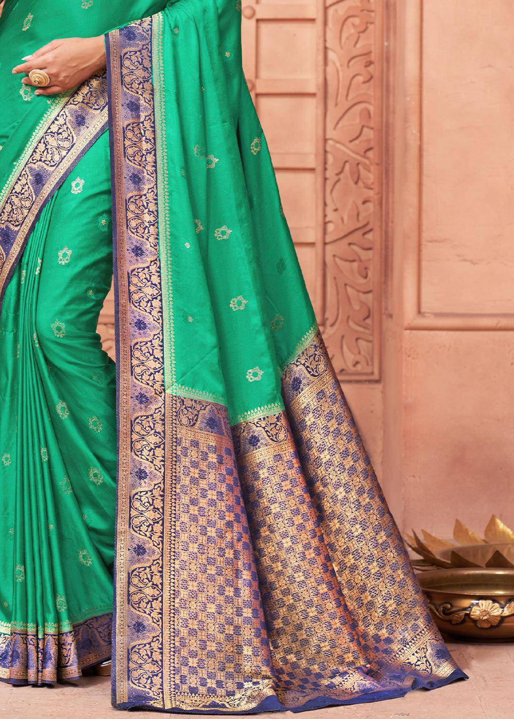 Jade Green Satin Silk Saree with Overall Butti work | Stitched Blouse - qivii