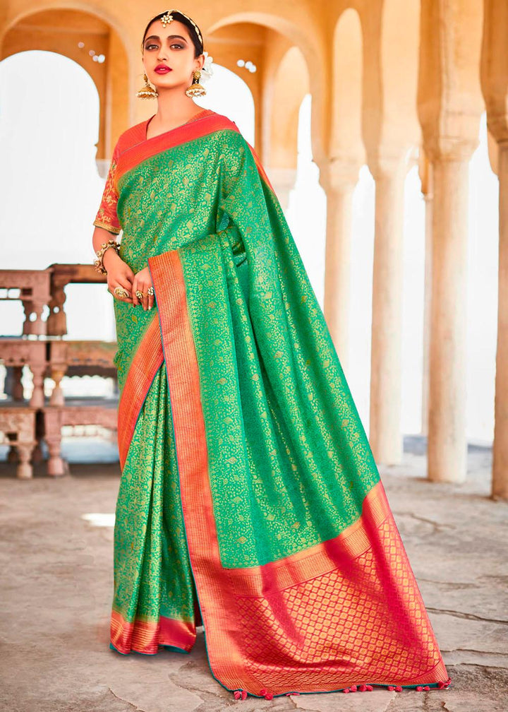 Jade Green Zari Woven Kanjivaram Silk Saree with Embroidered Blouse: Wedding Edition | Stitched Blouse - qivii