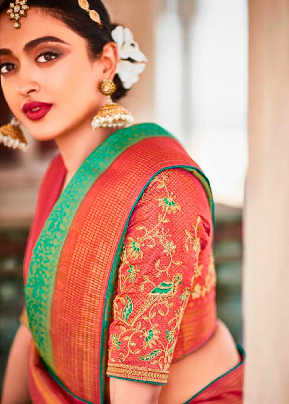 Jade Green Zari Woven Kanjivaram Silk Saree with Embroidered Blouse: Wedding Edition | Stitched Blouse - qivii