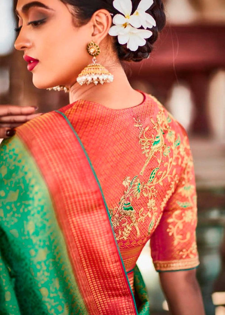 Jade Green Zari Woven Kanjivaram Silk Saree with Embroidered Blouse: Wedding Edition | Stitched Blouse - qivii