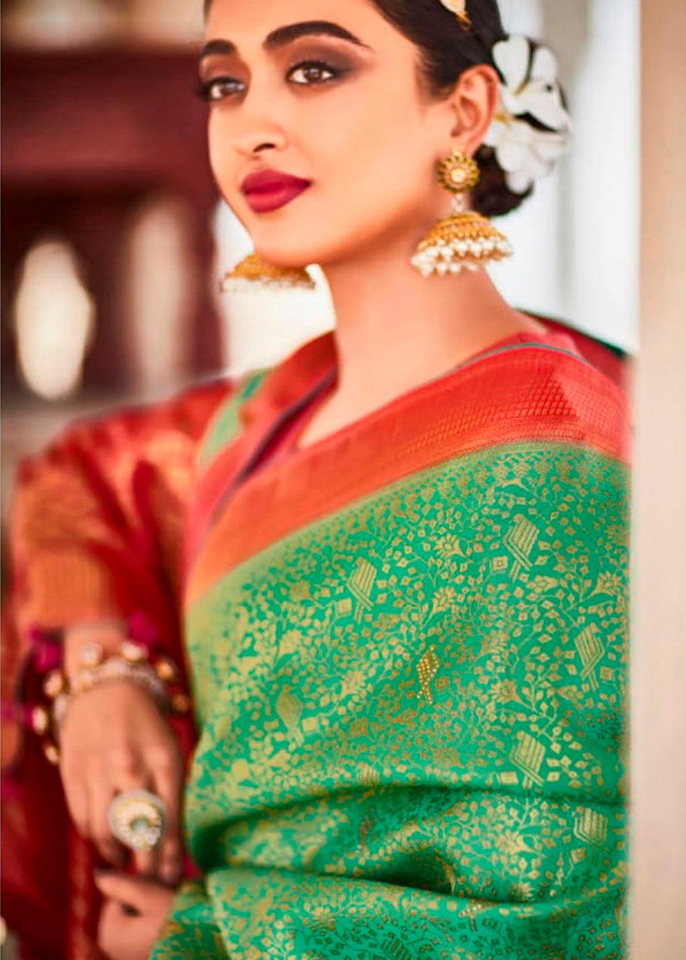 Jade Green Zari Woven Kanjivaram Silk Saree with Embroidered Blouse: Wedding Edition | Stitched Blouse - qivii